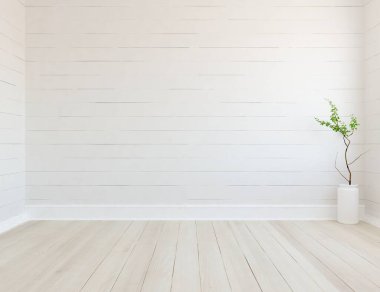 Ev bitkileriyle dolu boş bir İskandinav odası fikri. İç kısımları kuzeyli. 3B illüstrasyon 