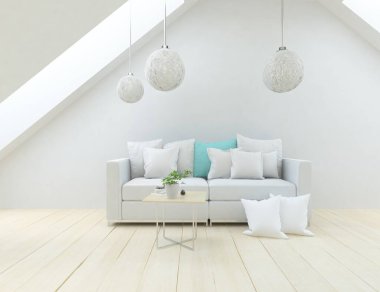 Beyaz minimalist oturma odasının içinde, ahşap zeminde kanepe var. İç kısımları kuzeyli. 3B illüstrasyon