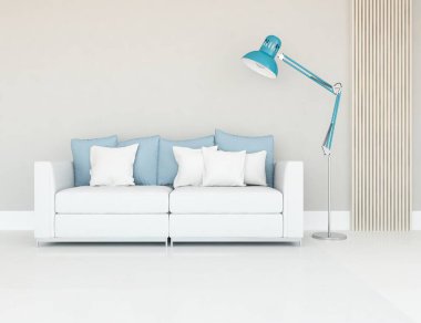 Beyaz minimalist oturma odasının içinde, ahşap zeminde kanepe var. İç kısımları kuzeyli. 3B illüstrasyon