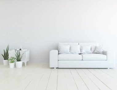 Beyaz minimalist oturma odasının içinde, ahşap zeminde kanepe var. İç kısımları kuzeyli. 3B illüstrasyon