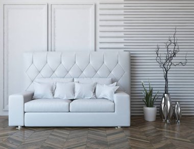 Beyaz minimalist oturma odasının içinde, ahşap zeminde kanepe var. İç kısımları kuzeyli. 3B illüstrasyon