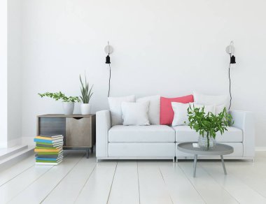 Beyaz minimalist oturma odasının içinde, ahşap zeminde kanepe var. İç kısımları kuzeyli. 3B illüstrasyon
