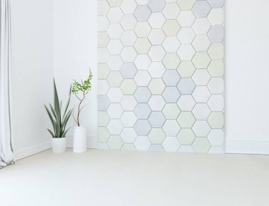 Ev bitkileriyle dolu boş bir İskandinav odası fikri. İç kısımları kuzeyli. 3B illüstrasyon 