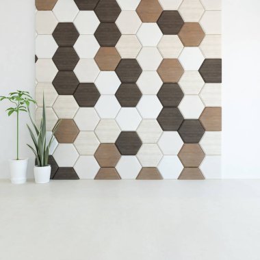 Dekoratif unsurlarla dolu boş bir İskandinav odası fikri. İç kısımları kuzeyli. 3B illüstrasyon 