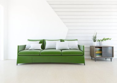 Beyaz minimalist oturma odasının içinde, ahşap zeminde kanepe var. İç kısımları kuzeyli. 3B illüstrasyon