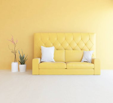Sarı minimalist oturma odasının içinde ahşap bir zeminde kanepe var. İç kısımları kuzeyli. 3B illüstrasyon