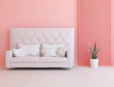 Pembe minimalist oturma odasının içinde ahşap bir zeminde kanepe var. İç kısımları kuzeyli. 3B illüstrasyon