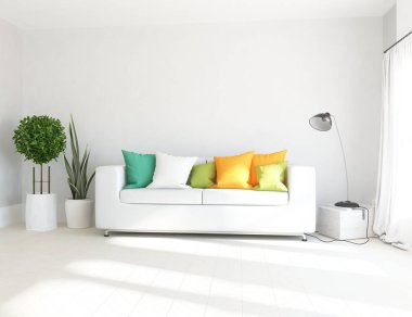 Beyaz minimalist oturma odasının içinde, ahşap zeminde kanepe var. İç kısımları kuzeyli. 3B illüstrasyon