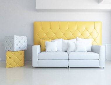 Beyaz minimalist oturma odasının içinde, ahşap zeminde kanepe var. İç kısımları kuzeyli. 3B illüstrasyon