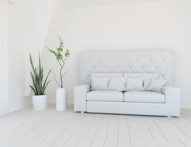 Beyaz minimalist oturma odasının içinde, ahşap zeminde kanepe var. İç kısımları kuzeyli. 3B illüstrasyon