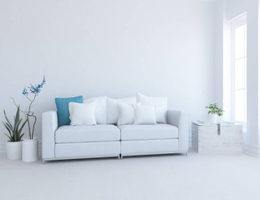 Beyaz minimalist oturma odasının içinde, ahşap zeminde kanepe var. İç kısımları kuzeyli. 3B illüstrasyon