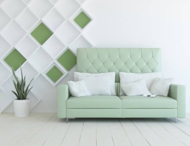 Minimalist bir oturma odası ve ahşap zeminde bir kanepe. İç kısımları kuzeyli. 3B illüstrasyon