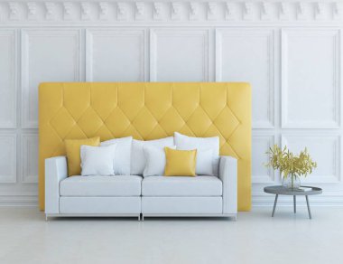 Beyaz minimalist oturma odasının içinde, ahşap zeminde kanepe var. İç kısımları kuzeyli. 3B illüstrasyon