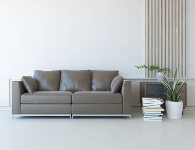Beyaz minimalist oturma odasının içinde, ahşap zeminde kanepe var. İç kısımları kuzeyli. 3B illüstrasyon