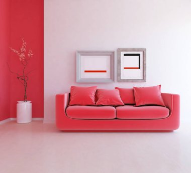 Minimalist bir oda ve kanepe. İç kısımları kuzeyli. 3B illüstrasyon