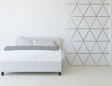 Yatak odasının içinde yatak var. Renkli elementlerin iç mimarisi ile kuzeye dönük. 3B illüstrasyon