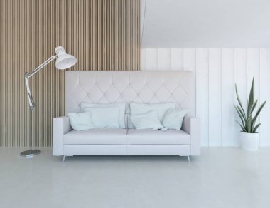 Beyaz minimalist oturma odasının içinde, ahşap zeminde kanepe var. İç kısımları kuzeyli. 3B illüstrasyon