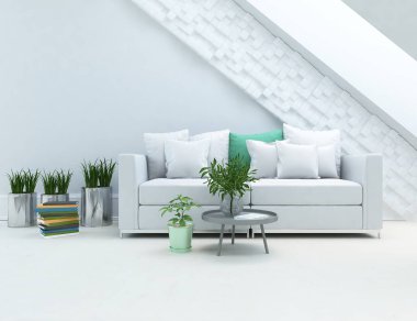 Beyaz minimalist oturma odasının içinde, ahşap zeminde kanepe var. İç kısımları kuzeyli. 3B illüstrasyon