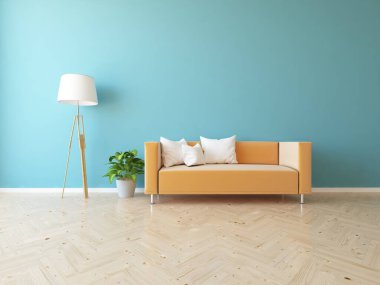 Mavi minimalist bir oturma odası ve ahşap zeminde bir kanepe. İç kısımları kuzeyli. 3B illüstrasyon