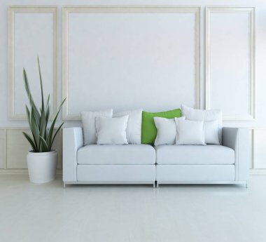 Beyaz minimalist oturma odasının içinde, ahşap zeminde kanepe var. İç kısımları kuzeyli. 3B illüstrasyon