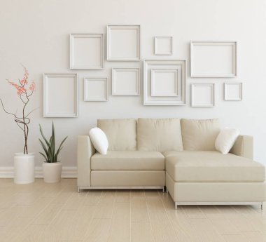 Beyaz minimalist oturma odasının içinde, ahşap zeminde kanepe var. İç kısımları kuzeyli. 3B illüstrasyon