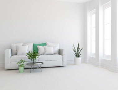 Beyaz minimalist oturma odasının içinde, ahşap zeminde kanepe var. İç kısımları kuzeyli. 3B illüstrasyon