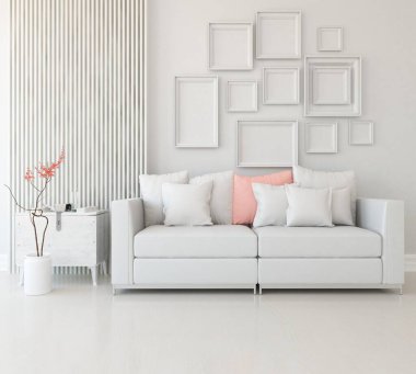 Beyaz minimalist oturma odasının içinde, ahşap zeminde kanepe var. İç kısımları kuzeyli. 3B illüstrasyon