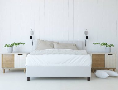 Yatak odasının içinde yatak var. Renkli elementlerin iç mimarisi ile kuzeye dönük. 3B illüstrasyon