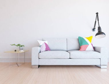 Beyaz minimalist oturma odasının içinde, ahşap zeminde kanepe var. İç kısımları kuzeyli. 3B illüstrasyon