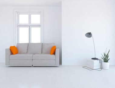 Beyaz minimalist oturma odasının içinde, ahşap zeminde kanepe var. İç kısımları kuzeyli. 3B illüstrasyon