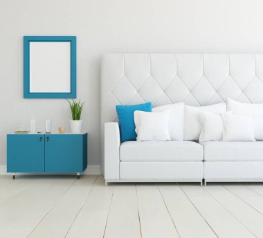 Beyaz minimalist oturma odasının içinde, ahşap zeminde kanepe var. İç kısımları kuzeyli. 3B illüstrasyon