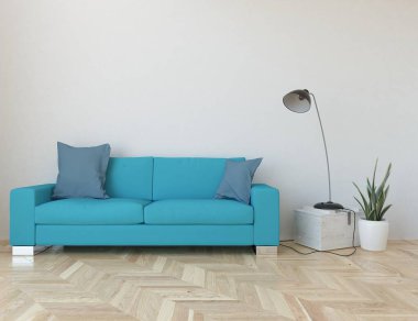 Minimalist bir oturma odası ve ahşap zeminde bir kanepe. İç kısımları kuzeyli. 3B illüstrasyon