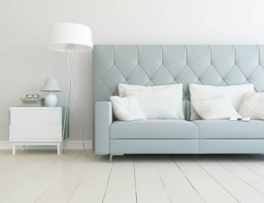 Beyaz minimalist oturma odasının içinde, ahşap zeminde kanepe var. İç kısımları kuzeyli. 3B illüstrasyon