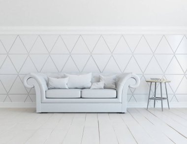 Beyaz minimalist oturma odasının içinde, ahşap zeminde kanepe var. İç kısımları kuzeyli. 3B illüstrasyon