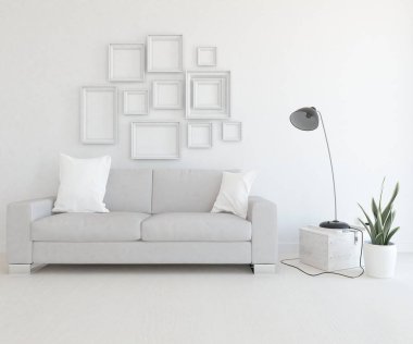 Beyaz minimalist oturma odasının içinde, ahşap zeminde kanepe var. İç kısımları kuzeyli. 3B illüstrasyon