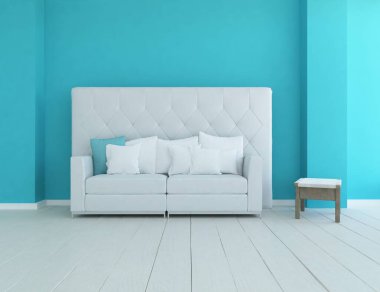 Minimalist bir oturma odası ve ahşap zeminde bir kanepe. İç kısımları kuzeyli. 3B illüstrasyon