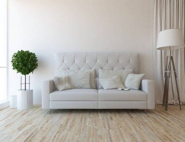Beyaz minimalist oturma odasının içinde, ahşap zeminde kanepe var. İç kısımları kuzeyli. 3B illüstrasyon