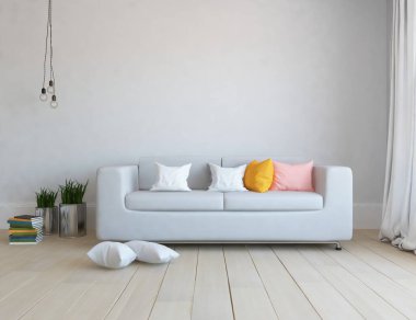 Beyaz minimalist oturma odasının içinde, ahşap zeminde kanepe var. İç kısımları kuzeyli. 3B illüstrasyon