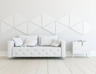 Beyaz minimalist oturma odasının içinde, ahşap zeminde kanepe var. İç kısımları kuzeyli. 3B illüstrasyon