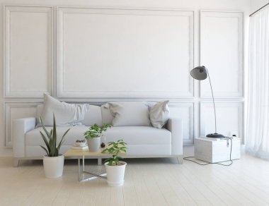 Beyaz minimalist oturma odasının içinde, ahşap zeminde kanepe var. İç kısımları kuzeyli. 3B illüstrasyon
