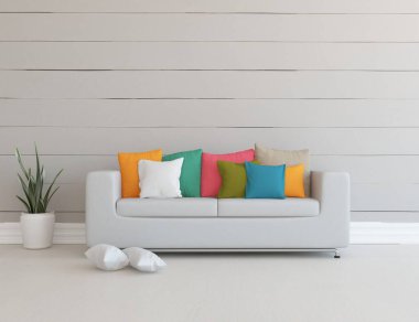 Minimalist bir oturma odası ve ahşap zeminde bir kanepe. İç kısımları kuzeyli. 3B illüstrasyon