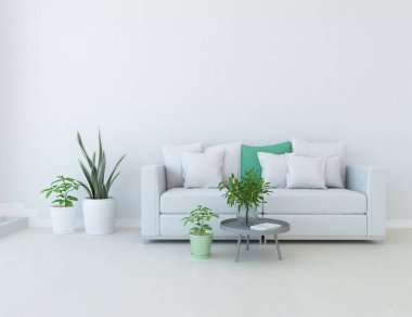 Beyaz minimalist oturma odasının içinde, ahşap zeminde kanepe var. İç kısımları kuzeyli. 3B illüstrasyon