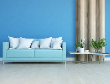 Mavi minimalist bir oturma odası ve ahşap zeminde bir kanepe. İç kısımları kuzeyli. 3B illüstrasyon