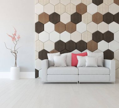 Minimalist bir oturma odası ve ahşap zeminde bir kanepe. İç kısımları kuzeyli. 3B illüstrasyon