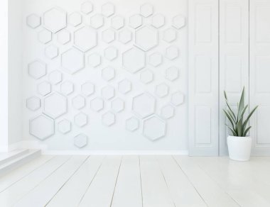 Ahşap zeminli hafif minimalist oda. İç kısımları kuzeyli. 3B illüstrasyon