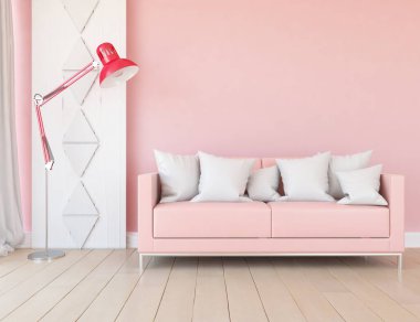 Pembe minimalist oturma odasının içinde ahşap bir zeminde kanepe var. İç kısımları kuzeyli. 3B illüstrasyon