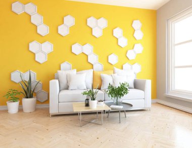 Sarı minimalist oturma odasının içinde ahşap bir zeminde kanepe var. İç kısımları kuzeyli. 3B illüstrasyon