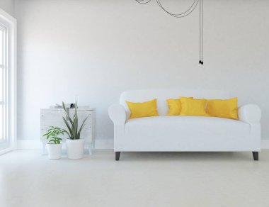 Beyaz minimalist oturma odasının içinde, ahşap zeminde kanepe var. İç kısımları kuzeyli. 3B illüstrasyon