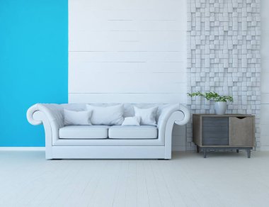 Beyaz minimalist oturma odasının içinde, ahşap zeminde kanepe var. İç kısımları kuzeyli. 3B illüstrasyon