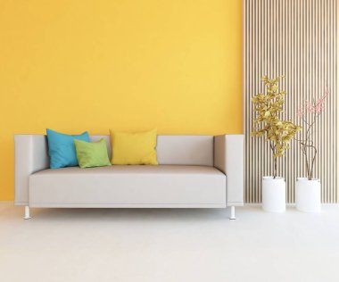 Minimalist bir oturma odası ve ahşap zeminde bir kanepe. İç kısımları kuzeyli. 3B illüstrasyon